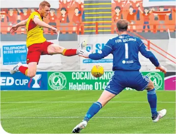  ??  ?? Partick Thistle’s Shea Gordon can’t find a way past Hamilton keeper Owain Fon Williams