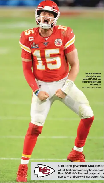  ?? ANDY LYONS/ GETTY IMAGES ?? Patrick Mahomes already has been named NFL MVP and Super Bowl MVP. And he’s only 24.