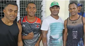  ?? Photo: Sereana Salalo ?? Members of the Sorokoba boxing club, from left, Eroni Naliva, Semisi Gadele, Vilive Roko (coach) and Mikaele Gonerara during the Monday Night Fights competitio­n at the Stan Brown Boxing and Fitness Centre, Walu Bay, Suva on August 24, 2020.