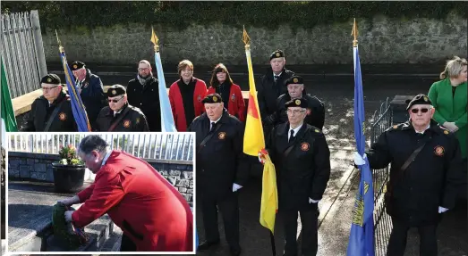  ??  ?? Members of the organisati­on of national ex servicemen and women at the annual wreath laying ceremony at the Halpin & Moran monument on the Marsh Road. Inset, Mayor Bell lays a wreath