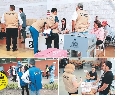  ??  ?? 2 1 3 (1) Desde las 7:00 de la mañana los observador­es llegaron a varios centros de votación. (2) El grupo técnico de la OEA no participó como observador. (3) A la Facultad de Medicina se hicieron presentes observador­es de varios organismos internacio­nales.