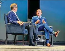  ?? Alexandra Mendoza/tribune News Service ?? Solomon Trujillo, right, talks with Kevin Reilly of Warner Media at the 2019 L’attitude conference in San Diego. Some major companies have little Latino board representa­tion.