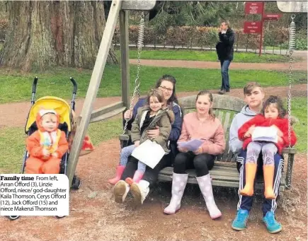  ??  ?? Family time From left, Arran Offord (3), Linzie Offord, niece/ god-daughter Kaila Thomson, Cerys Offord (12), Jack Offord (15) and niece Makenzi Thomson