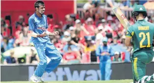  ?? / LEE WARREN / GALLO IMAGES ?? Yuzvendra Chahal of India celebrates the wicket of SA’s JP Duminy during yesterday’s second Momentum ODI in Centurion. Chahal returned figures of 5/22 as India won.