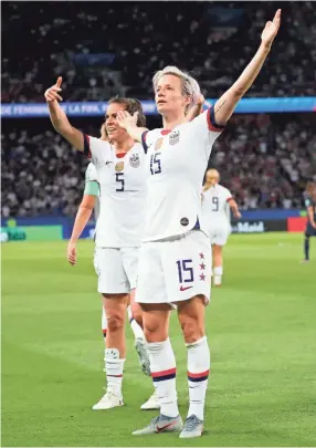  ??  ?? United States forward Megan Rapinoe, front, and defender Kelley O’hara celebrate Rapinoe’s goal against France on Friday. MICHAEL CHOW/USA TODAY SPORTS