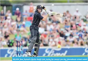  ??  ?? NELSON: New Zealand’s Martin Guptill bats during the second one-day internatio­nal cricket match between New Zealand and Pakistan at Saxton Oval in Nelson yesterday. — AFP