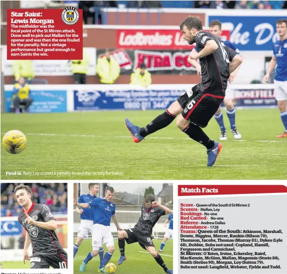  ??  ?? QoS .................... 0 St Mirren ...........2
Fired in
Rory Loy scored a penalty to seal the victory for Saints
Opener Mallan scored his seventh goal of the season for Saints
Scuffle
Andy Dowie and Rory Loy battle for possession