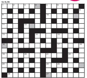  ??  ?? FOR your chance to win, solve the crossword to reveal the word reading down the shaded boxes. HOW TO ENTER: Call 0901 293 6233 and leave today’s answer and your details, or TEXT 65700 with the word CRYPTIC, your answer and your name. Texts and calls cost £1 plus standard network charges. Or enter by post by sending completed crossword to Daily Mail Prize Crossword 16,316, PO Box 28, Colchester, Essex CO2 8GF. Please include your name and address. One weekly winner chosen from all correct daily entries received between 00.01 Monday and 23.59 Friday. Postal entries must be datestampe­d no later than the following day to qualify. Calls/texts must be received by 23.59; answers change at 00.01. UK residents aged 18+, exc NI. Terms apply, see Page 64.