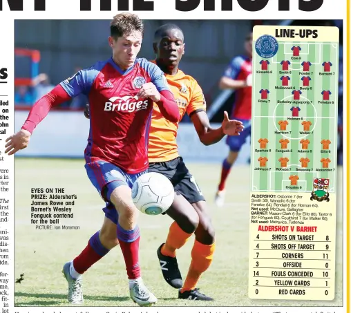  ?? PICTURE: Ian Morsman ?? EYES ON THE PRIZE: Aldershot’s James Rowe and Barnet’s Wesley Fonguck contend for the ball