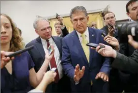  ?? PABLO MARTINEZ MONSIVAIS — THE ASSOCIATED PRESS ?? Sen. Joe Manchin, D-W. Va., right, and Sen. Tim Kaine, D-Va., left, walk together after viewing the FBI supplement­al background report on Supreme Court Justice nominee Brett Kavanaugh in the SCIF in the Capitol in Washington, Friday before the procedural vote on the Senate floor later in the morning.