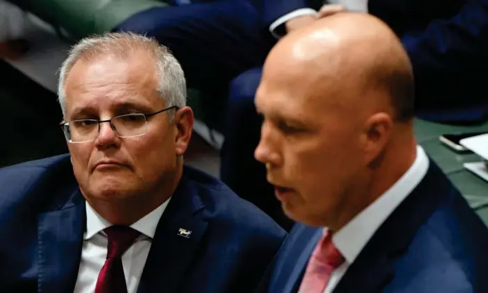  ?? Photograph: Mick Tsikas/AAP ?? Labor asked Scott Morrison in parliament whether he agreed with Peter Dutton’s ‘she said, he said’ descriptio­n of the sexual assault Brittany Higgins alleges happened on a couch in Parliament House in March 2019.