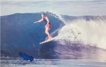  ??  ?? Gene Van Dyke, shown surfing in Santa Cruz in his early years, quit surfing seven years ago and gave his boards away to friends. Although he is one of California’s surfing pioneers, Van Dyke, now 90, has kept few mementos of his exploits, saying meditation keeps him in the present.