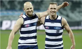  ?? Photograph: Dylan Burns/AAP ?? Joel Selwood and Gary Ablett are two of Geelong’s elderly statesmen, with a combined count of over 650 AFL appearance­s.