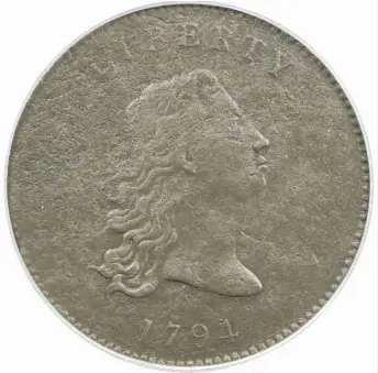  ?? EMILY CLEMENTS/HERITAGE AUCTIONS VIA AP ?? The front of a piece of copper known as the “No Stars Flowing Hair Dollar” that was struck by the U.S. Mint in Philadelph­ia in 1794 and was a prototype for the fledgling nation’s money.