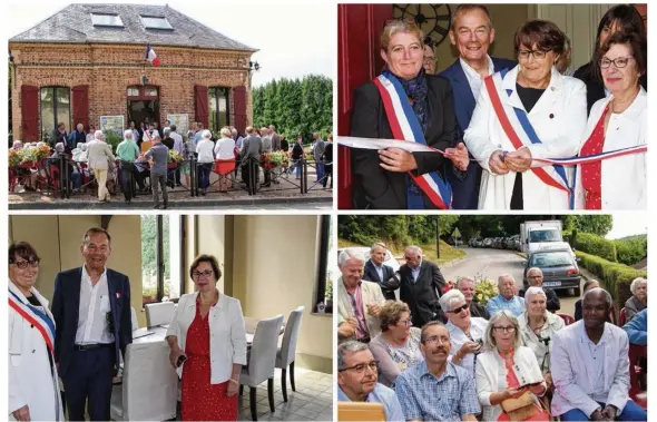  ??  ?? En haut à gauche : Pendant le discours du maire Martine Saint-Laurent, devant la petite mairie où élus et habitants étaient rassemblés. À droite : Entourée d’Anne Laparre-Lacassagne, de sa 1re adjointe Catherine Legrand, et de Jean-Paul Legendre,...