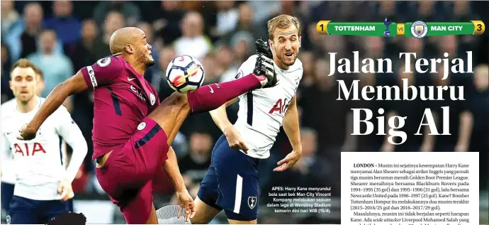  ??  ?? APES: Harry Kane menyundul bola saat bek Man City Vincent Kompany melakukan sapuan dalam laga di Wembley Stadium kemarin dini hari WIB (15/4).