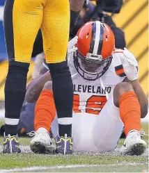  ?? KEITH SRAKOCIC/ASSOCIATED PRESS ?? Browns wide receiver Corey Coleman sits on the field after failing to catch a pass from DeShone Kizer late in the fourth quarter on Sunday. The Browns are 4-48 since week 12 of the 2014 season.