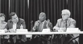  ?? Karen Warren / Staff photograph­er ?? Mayoral candidates Tony Buzbee, left, and Bill King, right, argue that crime has risen under Mayor Sylvester Turner’s tenure, but the data doesn’t support that.
