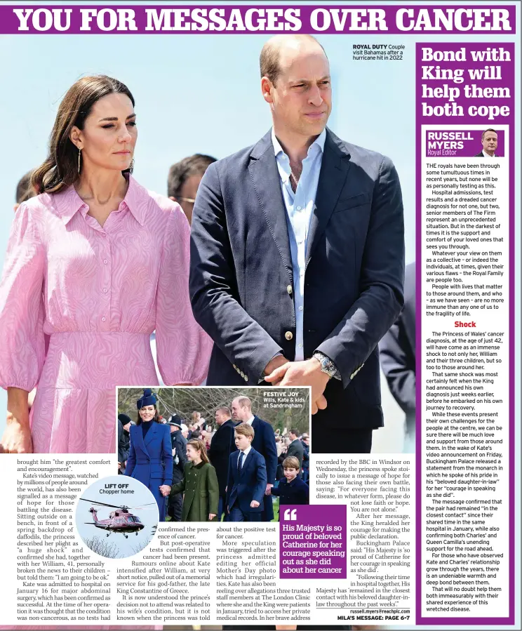  ?? ?? LIFT OFF Chopper home
FESTIVE JOY Wills, Kate & kids at Sandringha­m
ROYAL DUTY Couple visit Bahamas after a hurricane hit in 2022