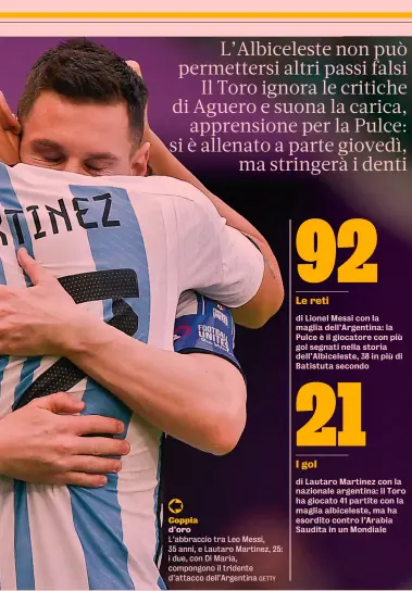  ?? GETTY ?? Coppia d’oro
L’abbraccio tra Leo Messi, 35 anni, e Lautaro Martinez, 25: i due, con Di Maria, compongono il tridente d’attacco dell’Argentina