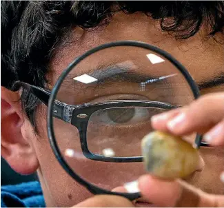  ?? PHOTO: WARWICK SMITH/STUFF ?? Christian Huihi-lewis, 12, magnifies the textures in a quartz stone found on the beaches of the South Island’s West Coast.