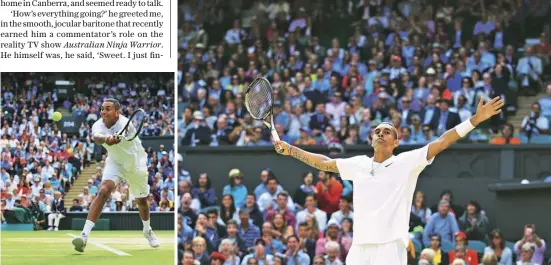  ??  ?? Kyrgios playing and eventually beating the then world number one Rafael Nadal at Wimbledon in 2014; and celebratin­g with his ‘juicy wiggle’ dance