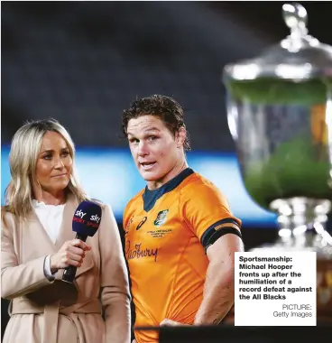  ?? PICTURE: Getty Images ?? Sportsmans­hip: Michael Hooper fronts up after the humiliatio­n of a record defeat against the All Blacks