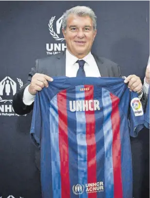  ?? // FCB ?? Joan Laporta, presidente blaugrana, estuvo ayer en la sede de las Naciones Unidas en Ginebra para presentar oficialmen­te el acuerdo entre el club barcelonis­ta y ACNUR