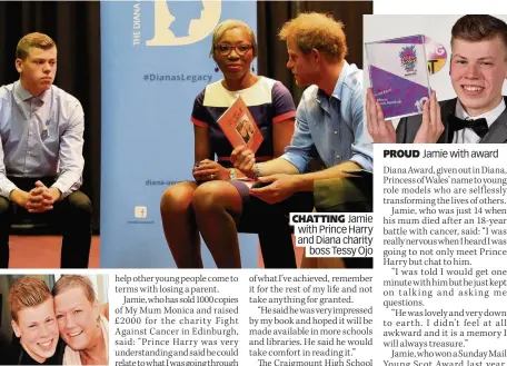  ??  ?? TOGETHER Jamie and his mother Monica CHATTING Jamie with Prince Harry and Diana charity boss Tessy Ojo PROUD Jamie with award