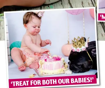  ??  ?? ‘TREAT FOR BOTH OUR BABIES!’
Little princess — and prince: Millie Leigh and French bulldog Frank wore crowns for her smashing first birthday, while Nova Nirban (above right) loved her mermaid costume and didn’t want to mess it up