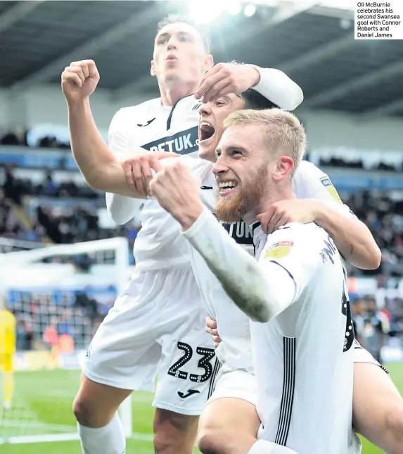  ??  ?? Oli McBurnie celebrates his second Swansea goal with Connor Roberts and Daniel James