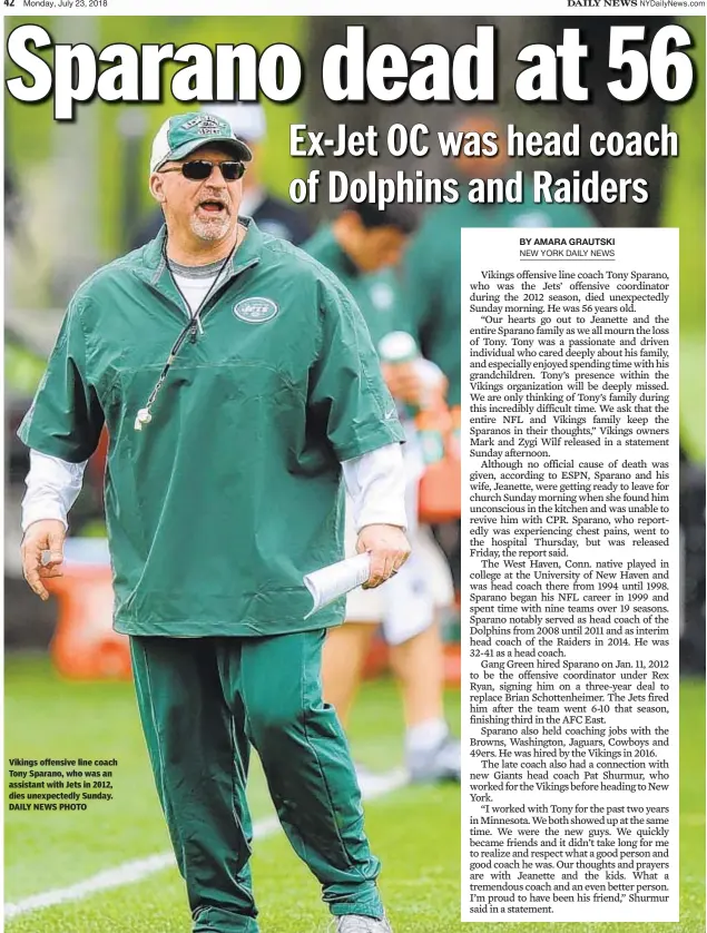  ??  ?? Vikings offensive line coach Tony Sparano, who was an assistant with Jets in 2012, dies unexpected­ly Sunday. DAILY NEWS PHOTO