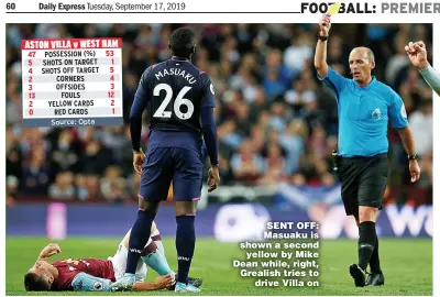  ??  ?? SENT OFF: Masuaku is shown a second yellow by Mike Dean while, right, Grealish tries to drive Villa on