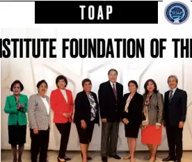  ??  ?? L-R: Josefina E. Sulit, Education Committee Member; Ma. Alegria R. Legaspi, Education Committee Member; Josephine G. Cervero, Trustee; Josephine E. Jolejole, Corporate Secretary; Roberto S. Vergara, Executive Director; Ofelia R. Junio, Administra­tor; Ma. Elena S. Sarmiento, President AndMember Of Education Committee; Ador A. Abrogena, Trustee; Delta A. Audencial, Treasurer (not in photo).