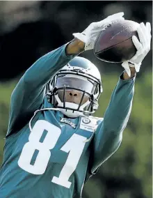  ?? THE ASSOCIATED PRESS FILES ?? In this Aug. 4 file photo, then-Philadelph­ia Eagles wide receiver Jordan Matthews catches a ball during training camp in Philadelph­ia. The revamped group of Buffalo Bills receivers is suddenly down a key addition with Matthews sidelined indefinite­ly...