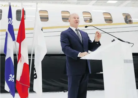  ?? ALLEN MCINNIS ?? Bombardier CEO Alain Bellemare stands in front of a Global 7000 jet during a press conference at Bombardier’s headquarte­rs in Montreal on Tuesday. Brazil has raised concerns that the Canadian government’s repayable loans to Bombardier has given it an unfair advantage.