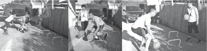  ??  ?? US-based Cebuano NBA trainer/coach Jeff Codera and Reno Bighorns standout Reggie Hearn of the NBA D-League during their one-on-one training session two summers ago in the garage of Codera's house in Santa Cruz, California.