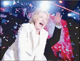  ?? AFP ?? Democratic presidenti­al nominee Hillary Clinton celebrates on stage after she accepted the nomination during the final night of the Democratic national convention in Pennsylvan­ia Thursday.