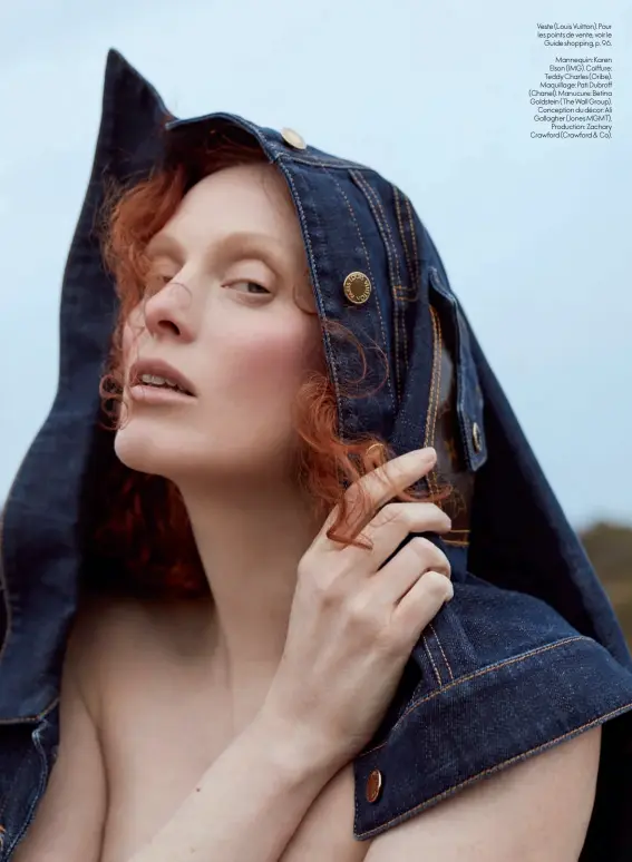  ??  ?? Veste (Louis Vuitton). Pour les points de vente, voir le Guide shopping, p. 96.
Mannequin: Karen Elson (IMG). Coiffure: Teddy Charles (Oribe). Maquillage: Pati Dubroff (Chanel). Manucure: Betina Goldstein (The Wall Group). Conception du décor: Ali Gallagher (Jones MGMT). Production: Zachary Crawford (Crawford & Co).