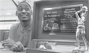  ?? MIKE CARDEW/AKRON BEACON JOURNAL ?? Malaki Branham is all smiles after receiving the 2021 Mr. Basketball award. Branham, an Ohio State signee, scored 1,501 career points and was named first-team all-state twice.