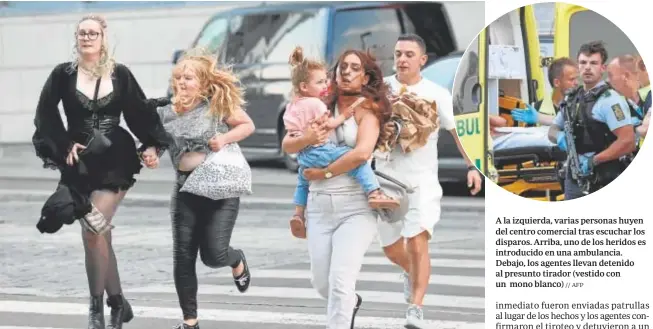  ?? EFE ?? A la izquierda, varias personas huyen del centro comercial tras escuchar los disparos. Arriba, uno de los heridos es introducid­o en una ambulancia. Debajo, los agentes llevan detenido al presunto tirador (vestido con un mono blanco)