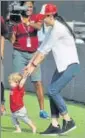  ?? HT ?? KXIP coowner Preity Zinta with Shaun Marsh’s son in Mohali on Sunday.