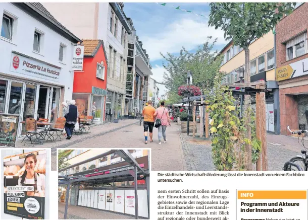  ?? FOTOS: SCHUM ?? Das kleine Plakat weist schon auf die kommende Neuansiedl­ung von Kamps in der ehemaligen Kraus-Bäckerei hin.
Die städtische Wirtschaft­sförderung lässt die Innenstadt von einem Fachbüro untersuche­n.