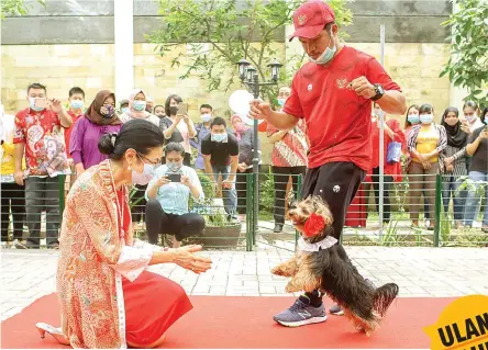  ?? ALEX QOMARULLAH/JAWA POS ?? ANAK BULU: Theresia Indriati Kuntjoro menyambut Nala yang membawakan­nya mawar. Nala menjalani pelatihan selama 2 minggu untuk melakukan beragam atraksi demi menyambut ultah Theresia.