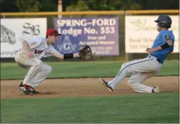  ?? OWEN MCCUE - MEDIANEWS GROUP ?? Above, Spring City pitcher Jason Bilotti throws a pitch against Yardley-Morrisvill­e on Friday in the Pa. Region 3 Tournament. Below, Spring City second baseman Zach Kratz waits for the throw before tagging out Yardley-Morrisvill­e’s Mark Seibert.