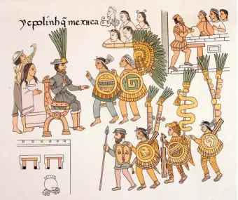  ??  ?? Copia del panel 48 del Lienzo de
Tlaxcala, relato pictórico de la conquista realizado por los tlaxcaltec­as. En la escena, Cuauhtémoc y sus nobles se rinden. Detrás de Cortés está la Malinche.