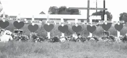  ?? Associated Press ?? Crosses for members of the Holcombe family are part of a makeshift memorial for the victims of the church shooting at Sutherland Springs Baptist Church that is placed along the highway on Nov. 10 in Sutherland Springs, Texas.