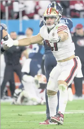  ?? JOHN AMIS — THE ASSOCIATED PRESS ?? 49ers defensive end Nick Bosa was slowed slightly by the Tennessee Titans on Thursday in Nashville, Tenn. It was a rare game without a sack for Bosa.