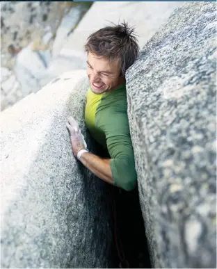  ??  ?? Right Peter Juvan squeezing through a tight spot on Tales of Power 5.12b in Yosemite