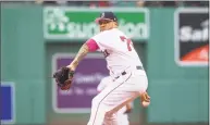  ?? Rich Gagnon / Getty Images ?? Hector Velazquez of the Red Sox gave up 2 runs in 5 innings during a spot start Sunday at Fenway Park.